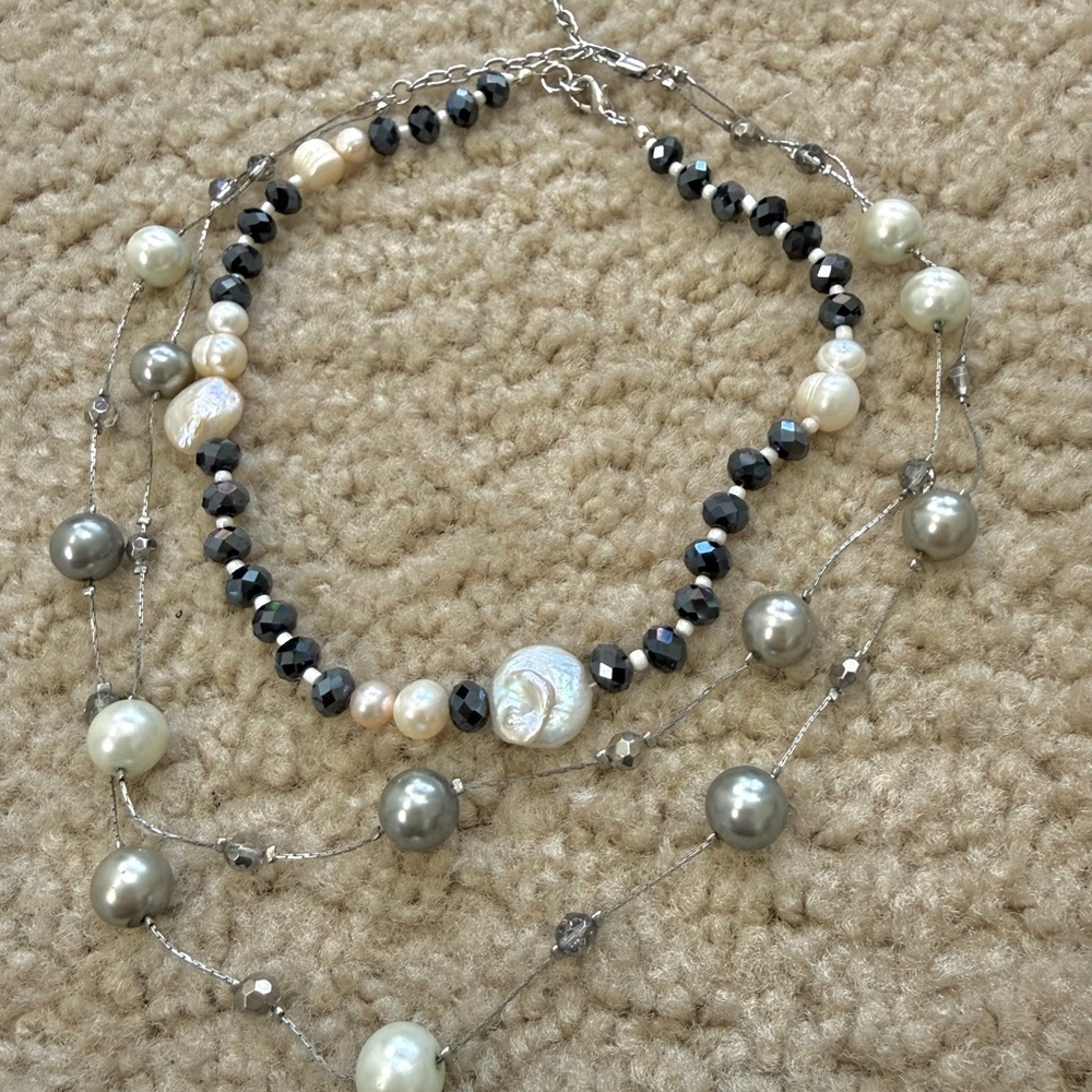 2-Piece Freshwater Pearl & Black Crystal and Layered Silver Pearl Necklaces Set - Picture 7 of 7